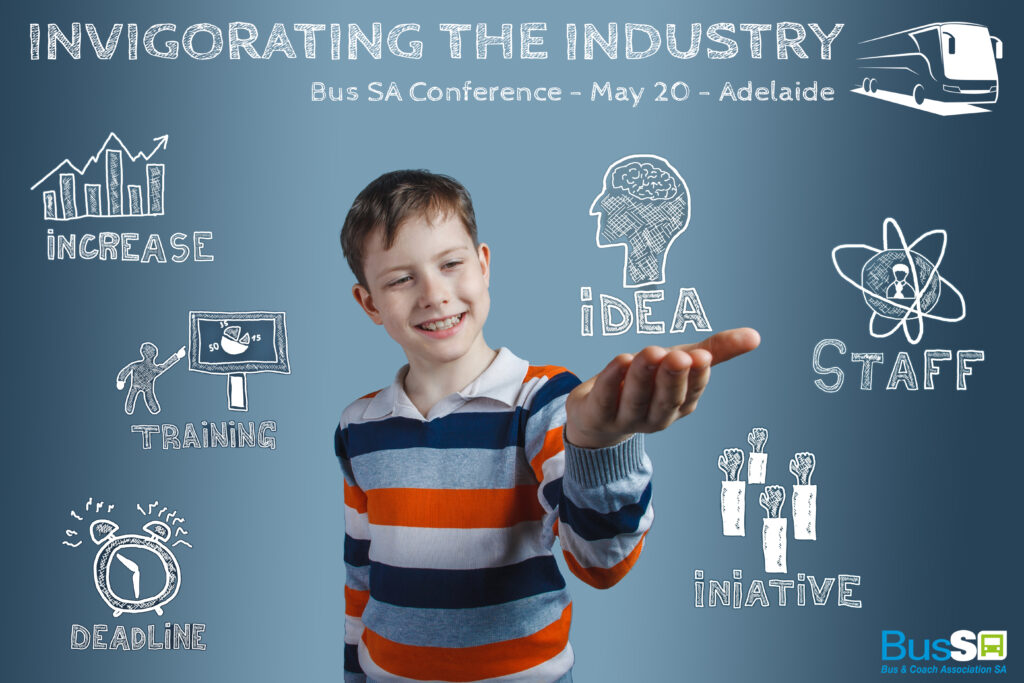 Image for Bus SA conference. A boy surrounded by graphic icons that say increase, training, deadline, initiative, staff, and idea.